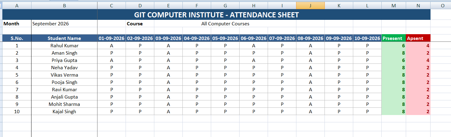 GIT Computer Institute Attendance Sheet Example